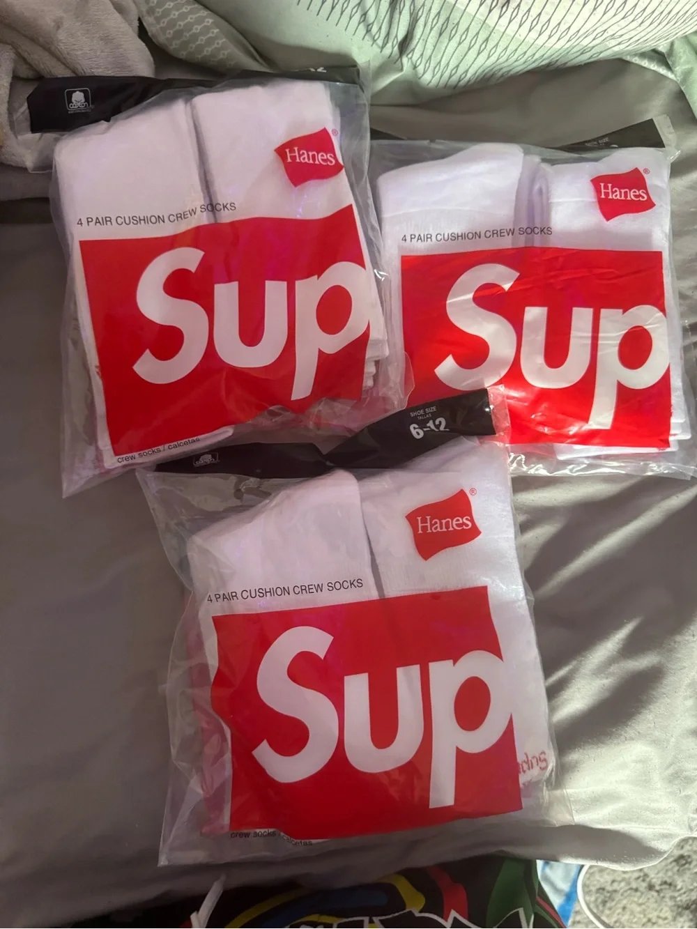 Hanes White Crew Cushion Socks with Red Logo – 12 Pack (3x4-Pair Packs)